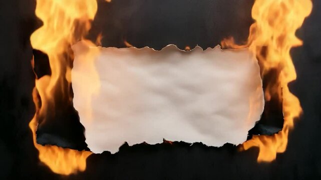Burning paper frame fire and flames graphic element on dark background