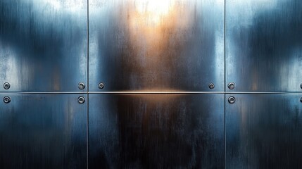 Metal wall panels with bolts, light glow background, industrial design