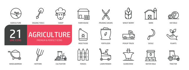 Set of line icons related to agriculture, tractor, wheat berry, plants, pickup truck. Outline icons collection. Editable stroke. Vector illustration.