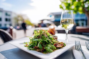 Fresh salad served outdoors with a glass of white wine in a vibrant urban setting during the afternoon