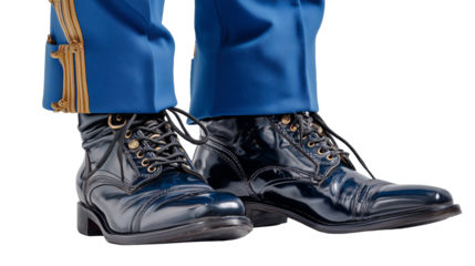Details of Belgian guard's shoes and uniform highlighted against white background