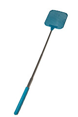 Single blue fly swatter with perforated head and extendable handle isolated on transparent...