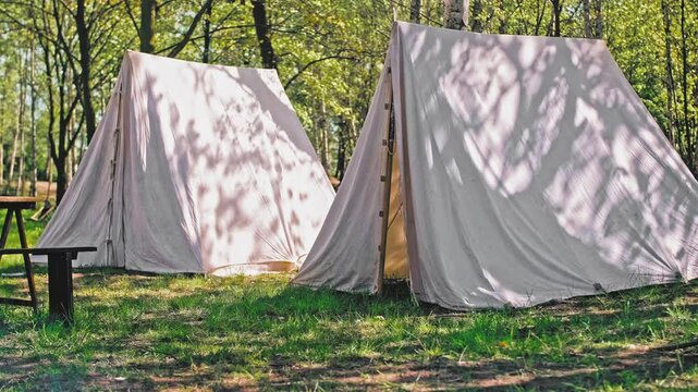 Napoleonic Era Military Cotton Cloth Tent in Infantry Camp during Historical Battle ReenactmentEvent