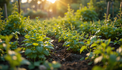 Sunlit Garden of Fresh Herbs Growing in Rich Soil at Golden Hour
