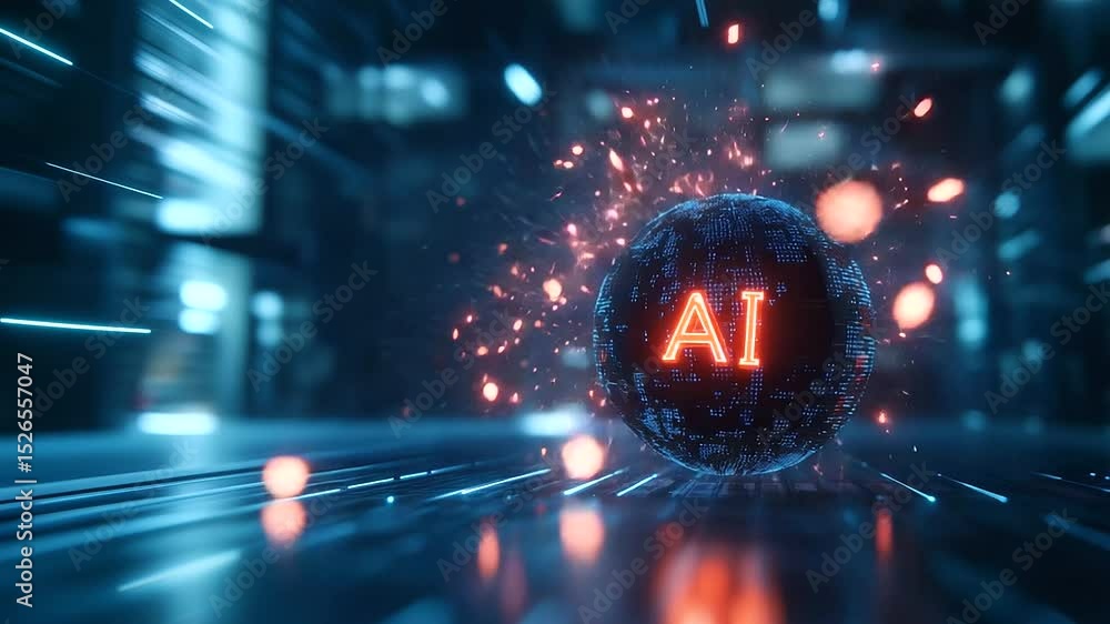 Poster digital ai symbols crack open the surface of a data sphere, glowing shards and luminous particles fl