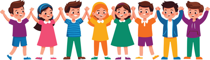 Vector art of a cheerful group of diverse children holding hands, isolated on transparent background