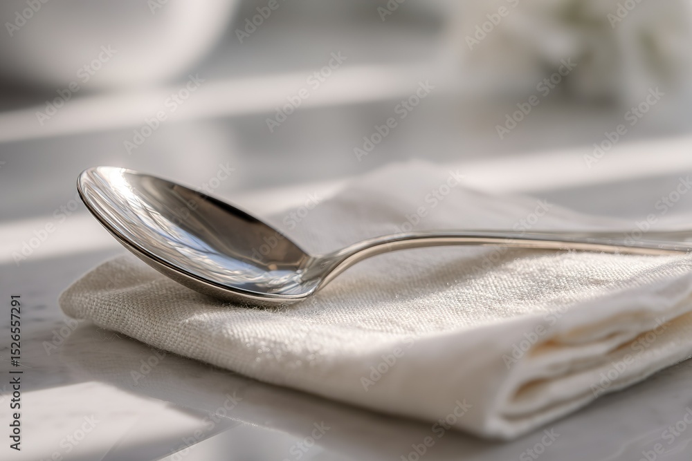 Aufkleber setting a dining table with a polished spoon resting on a linen napkin in natural light