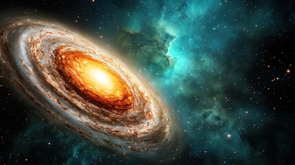 Obraz premium Cosmic Spiral Galaxy with Teal Nebula and Bright Core