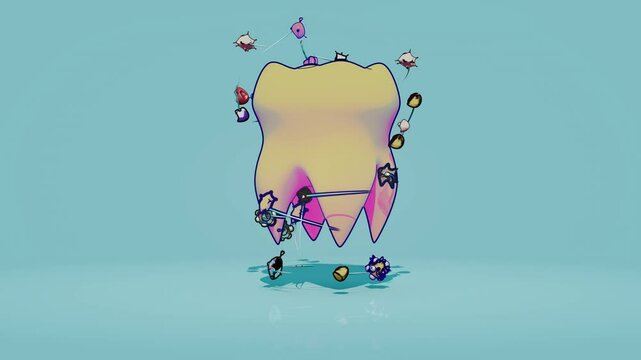 Conceptual 3D animation of a tooth and bacteria