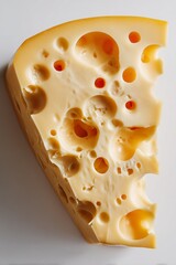 Swiss cheese wheel close-up with distinctive holes against a white background
