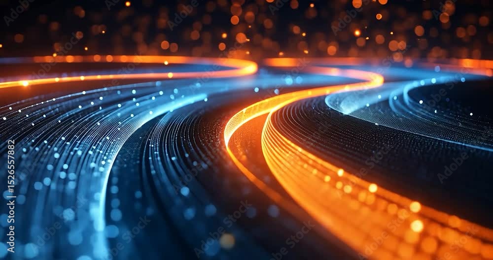 Poster abstract digital art of flowing lines in blue and orange with bokeh effect