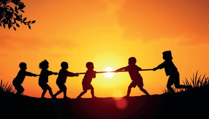 Children playing tug of war at sunset, youthful joy