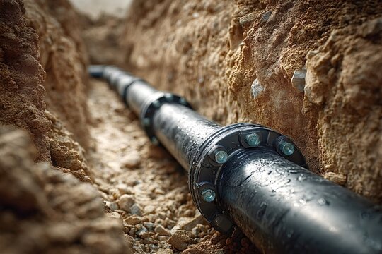 Close-up of new water pipes being installed in a trench during plumbing works, representing infrastructure development and essential utility services