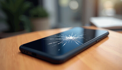 Cracked phone screen on wooden table, symbol of brokenness