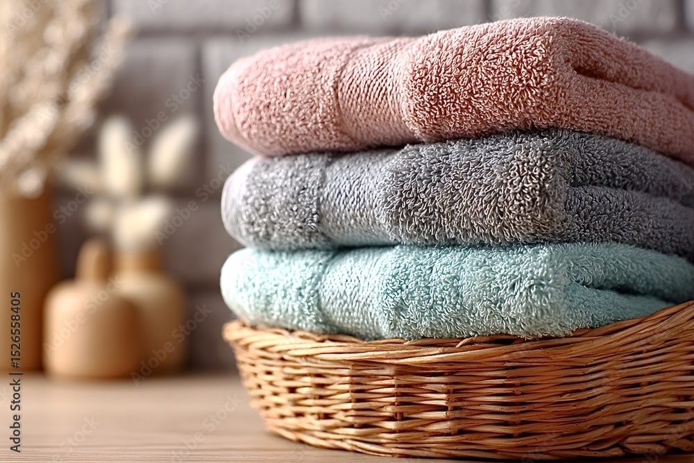 Poster neatly folded towels in pastel colors rest in a wicker basket, creating a serene and inviting atmosp