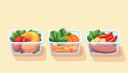 Healthy meal planning with colorful containers on soft background, wellness