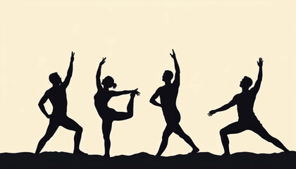 Synchronized yoga poses by silhouettes, harmony in motion
