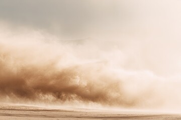 A powerful dust storm sweeps across a vast, sandy landscape.  Vast clouds of ochre-colored dust billow, driven by a strong wind.  Soft light illuminates the scene