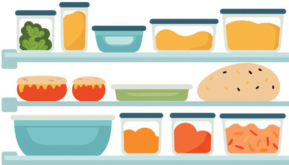Colorful mismatched food containers in fridge, organizing meals