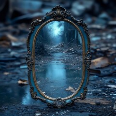 A vintage mirror offers a portal into a misty and enchanting forest path.