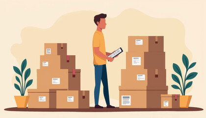 Person organizing storage boxes in a cozy interior, efficient labeling