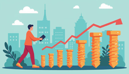 Focused person organizing screws by size among city skyline, productivity