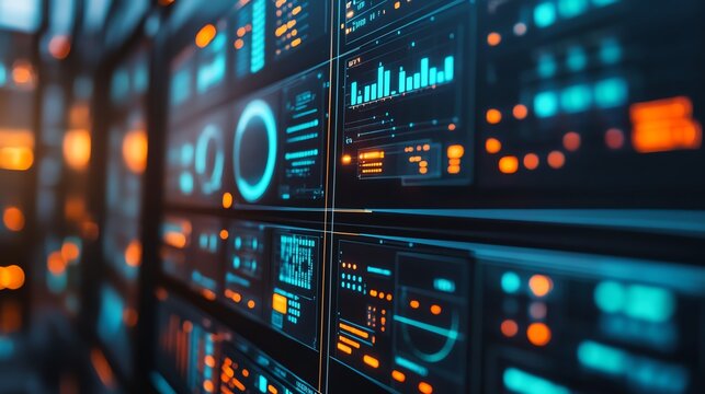 A wall of digital screens displays colorful data charts, graphs, and analytics in a modern, high-tech environment.