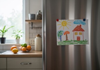 Child&rsquo;s drawing of house and trees on silver fridge in kitchen