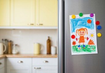 Child&rsquo;s colorful drawing of girl on fridge in bright kitchen