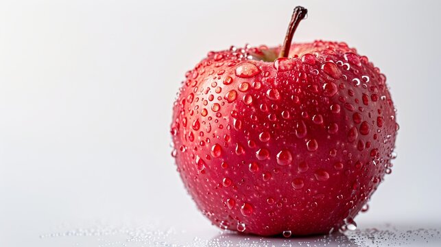 A fresh red apple covered in water droplets sits on a white background.