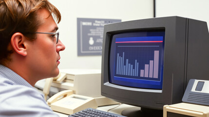 Retro Technology and Data Analysis: A Young Man Working with Vintage Computer and Chart on Screen