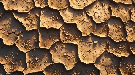 Close-up of cracked dry earth surface with natural patterns of desert soil showing signs of drought, climate change, and environmental degradation.