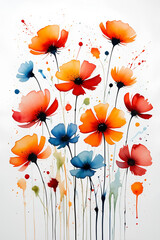 A vibrant collection of watercolor flowers in orange, red, and blue pops against a white background, showcasing artistic beauty. Generative AI.