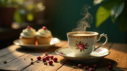 Warm beverage in delicate floral cup, accompanied by sweet treats on rustic wooden surface bathed in sunlight