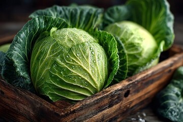 Fototapeta premium Freshly harvested green cabbages, glistening with water droplets, rest in a rustic wooden crate, showcasing their vibrant color and crisp texture, ready for culinary use