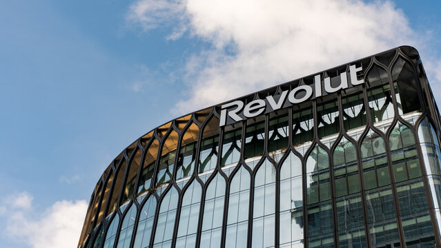 Revolut headquarters building facade, 24 April, Canary Wharf, London, UK