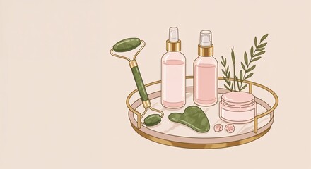 Facial treatment tools and skincare products in round tray