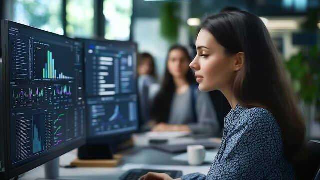 Casual meeting in creative workspace, confident woman in soft-toned blouse presents strategy with charts on screen while team listens