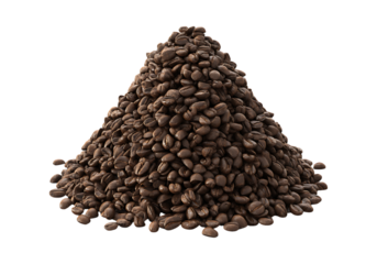 Aromatic dark roasted coffee beans in a conical heap, On Transparent Background