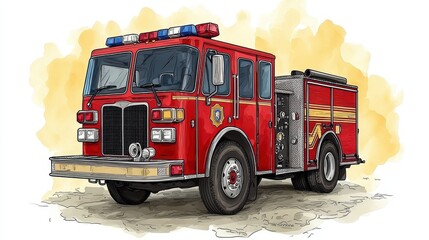 Detailed Watercolor Illustration of a Red Firetruck