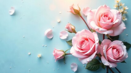 A Delicate Arrangement of Pink Roses and Delicate Petals on a Pastel Blue Background
