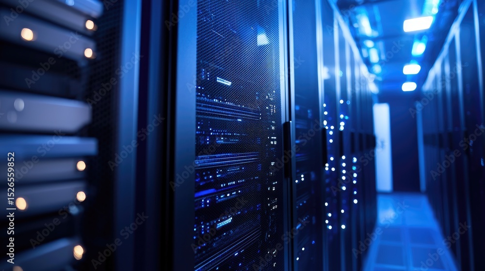 Aufkleber Blue-lit secure data center hallway with modern server cabinets and glowing indicators, suitable for cloud storage, cybersecurity, networking, and IT infrastructure concepts