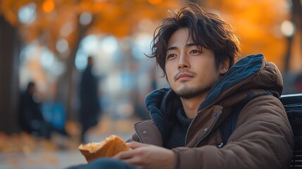 Man eating sandwich on park bench in autumn