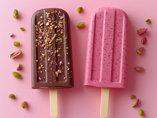 Photorealistic image of pistachio and chocolate ice cream on a pale pink background.