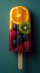Photorealistic fruit ice cream on turquoise background - frozen whole fruits.