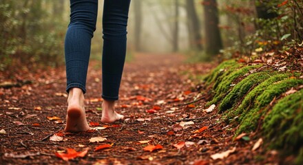 Woman walking barefoot on a forest path covered in autumn leaves 