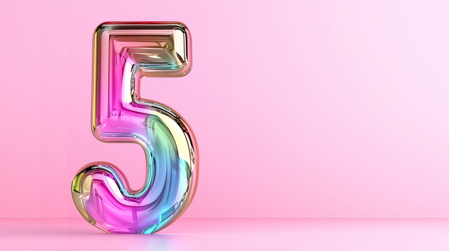 Colorful glass number five on pink background for party invitation or birthday greeting card