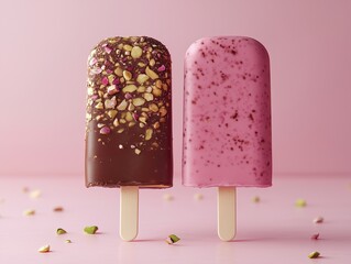 Photorealistic image of pistachio and chocolate ice cream on a pale pink background.