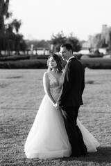 bride and groom walking in the park