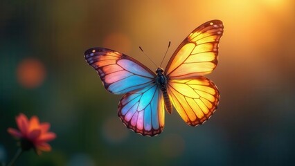 Fototapeta premium A radiant iridescent butterfly in flight, bathed in the warm glow of the setting sun, amidst a soft-focus natural backdrop of blooming flora.